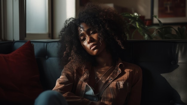 Bela mulher afro-americana com penteado afro sentada no sofá em casa IA generativa