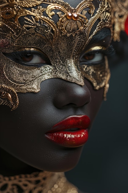 Bela mulher afro-americana com uma máscara misteriosa Carnaval veneziano Mardi Gras festa de máscaras