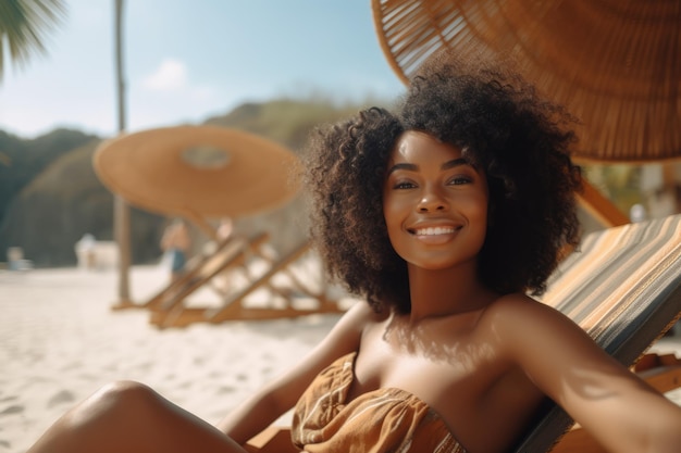 Foto bela mulher afro-americana em férias retrato em close-up contra o fundo da praia o
