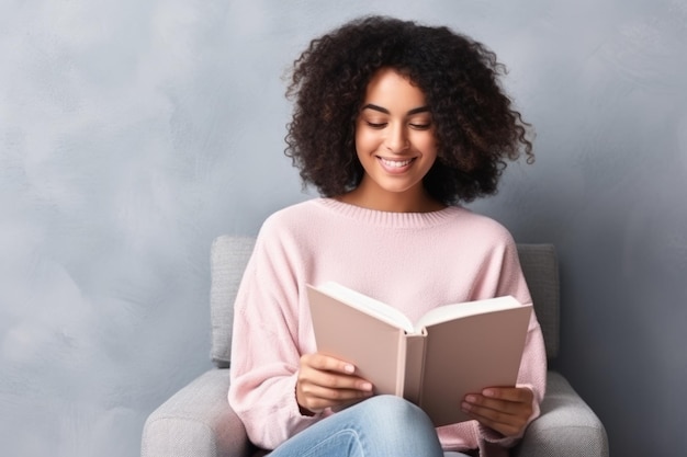 Foto bela mulher afro-americana relaxando sobre uma xícara de chá e livro ai gerado