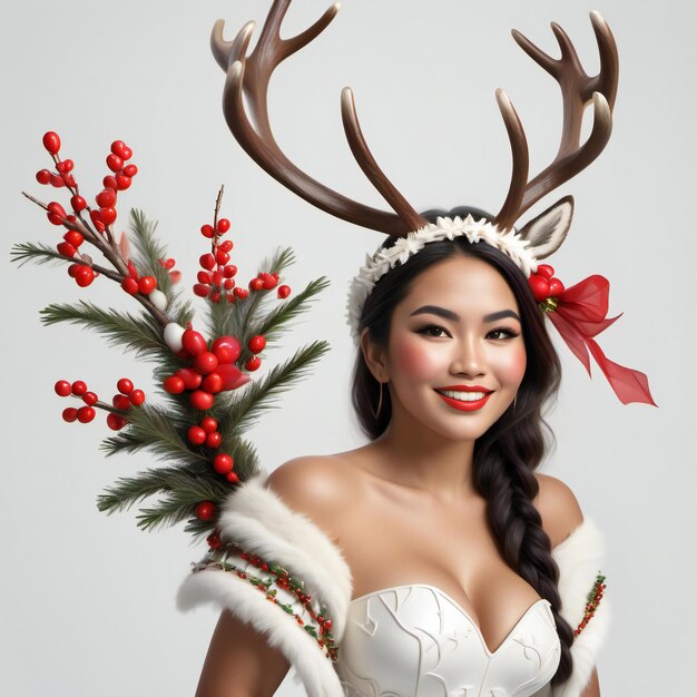 Bela mulher asiática com chifres de renas e bagas vermelhas