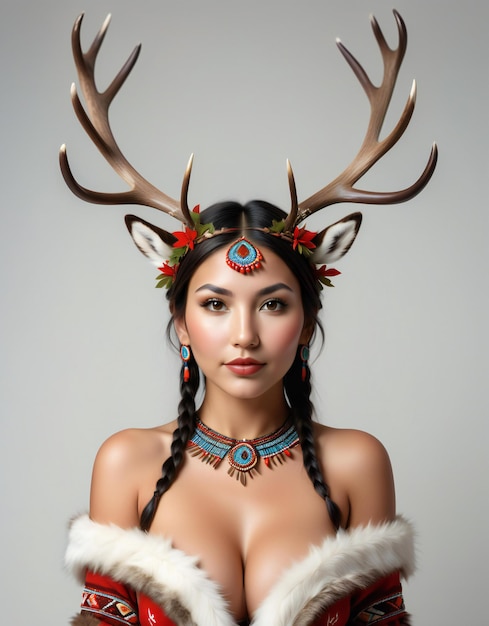 Bela mulher asiática com grandes chifres de veado na cabeça.