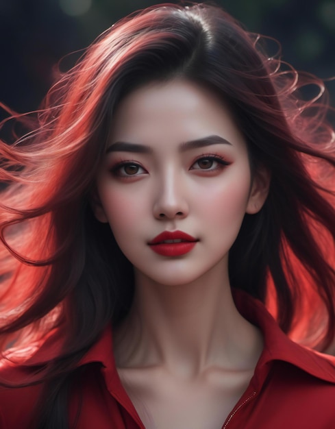 Bela mulher asiática com lábios vermelhos e cabelo longo em camisa vermelha