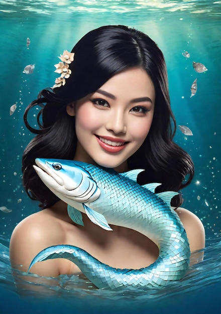 Bela mulher asiática com um grande peixe azul nadando debaixo d'água no mar