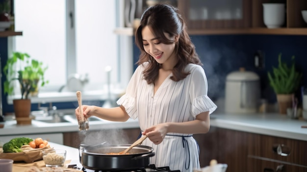Bela mulher asiática cozinhando na cozinha com um sorriso