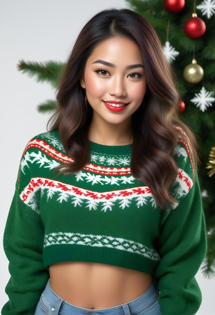 Bela mulher asiática de camisola de Natal com árvore de Natal