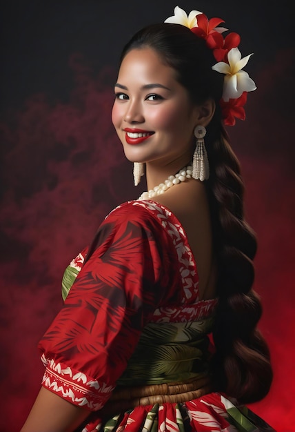 Bela mulher asiática de vestido vermelho com flores no cabelo.