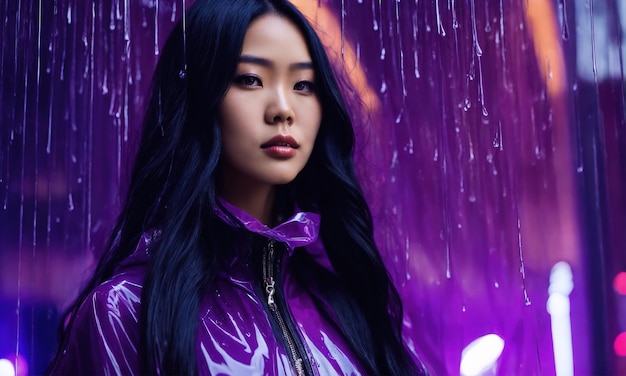 bela mulher asiática em casaco de chuva roxo caminhando na cidade ai generativo