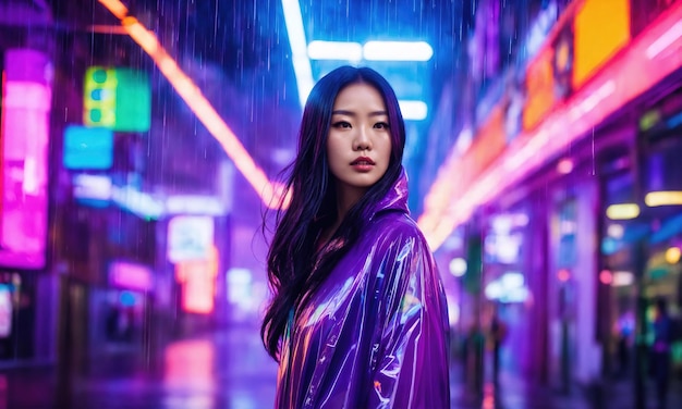 bela mulher asiática em casaco de chuva roxo caminhando na cidade ai generativo