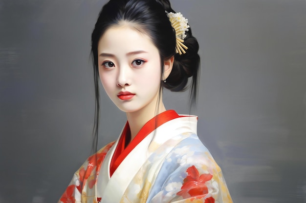 Bela mulher asiática em kimono tradicional japonês