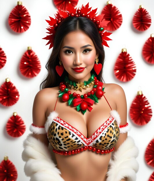 Bela mulher asiática em lingerie sexy com decorações de Natal