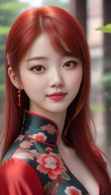 Bela mulher asiática em vestido de ano novo chinês com cabelo vermelho