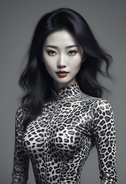 Bela mulher asiática em vestido de leopardo em estúdio