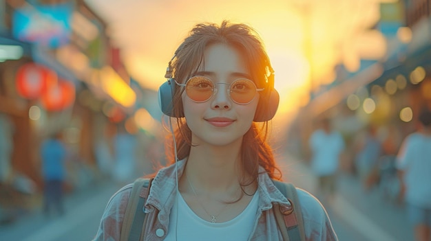 Bela mulher asiática hipster ativa com fones de ouvido ouvindo música enquanto usa calções e uma camisa casual