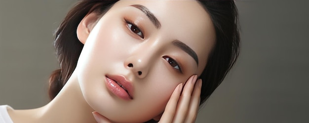 Bela mulher asiática sorridente garota de beleza maquiagem e cosméticos generativo ai