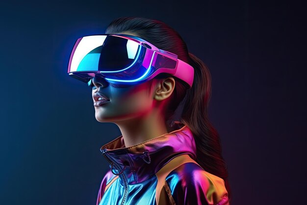 Bela mulher asiática usando óculos de realidade virtual Fotografia de estúdio Mulher jovem usando óculos de realidade virtual Conceito de tecnologia futura 3D Renderização AI Gerada