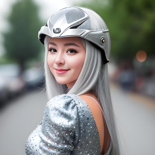 Bela mulher asiática usando um capacete na cidade