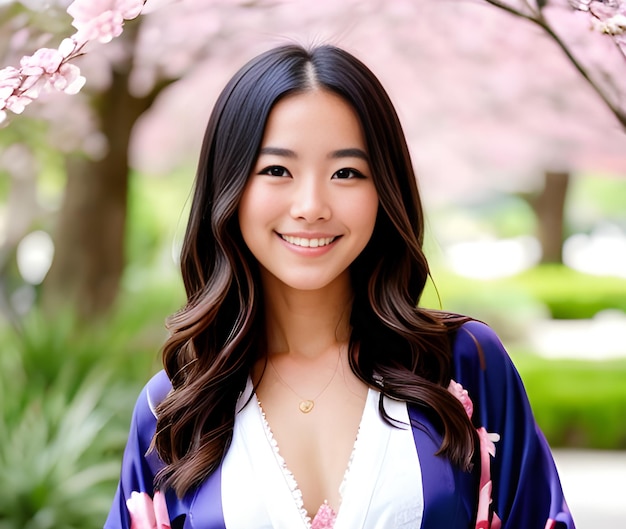 Bela mulher asiática vestindo kimono no jardim de sakura