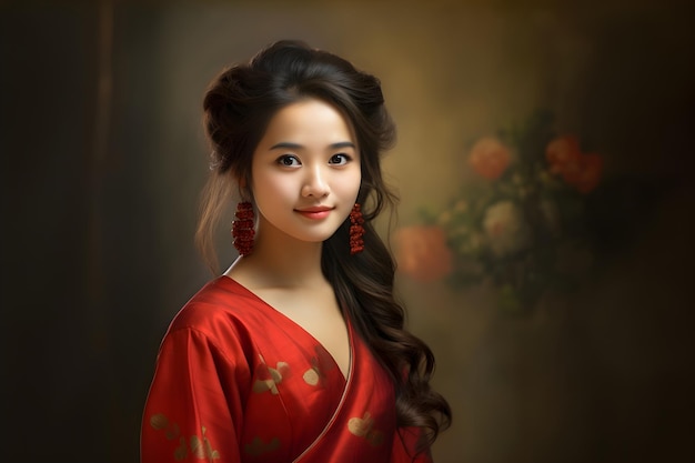 Bela mulher asiática vestindo vestido vermelho tradicional cheongsam qipao Feliz Ano Novo Chinês