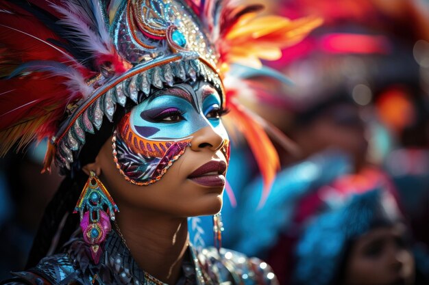 Bela mulher brasileira vestida com roupas de carnaval dançando brasileira vestindo Samba Costume beauti