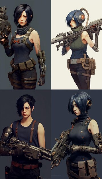 Foto bela mulher caçadora espacial cyberpunk com um personagem de jogo de armas grandes