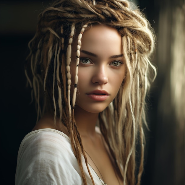 Bela mulher caucasiana em close-up, dreadlocks, pele branca.