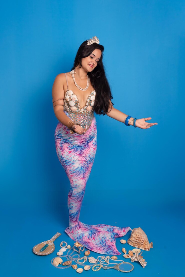 Foto bela mulher com cabelo preto vestindo uma tiara e pulseiras feitas de conchas de mar contra um fundo azul vestida como uma sereia ao lado de várias conchas um espelho e colares de pérolas