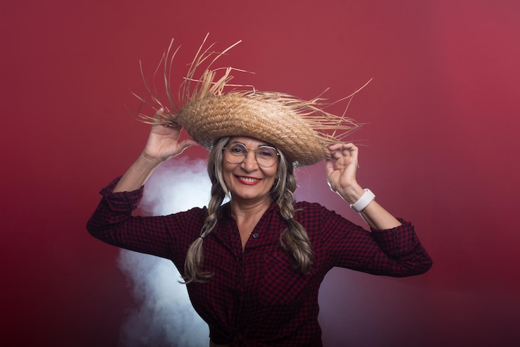 Foto bela mulher com cabelo trançado segurando um chapéu de palha em roupas típicas para o festival de são joão dançando e posando