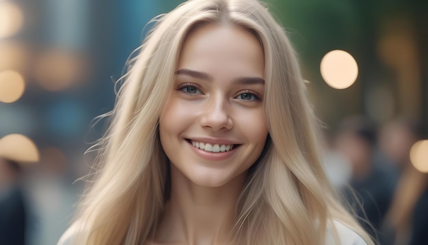 Bela mulher com cabelos loiros longos olhando para a câmera sorrindo gerada por inteligência artificial