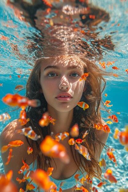 Foto bela mulher com longos cabelos pretos nadando no mar vermelho com peixes e corais coloridos