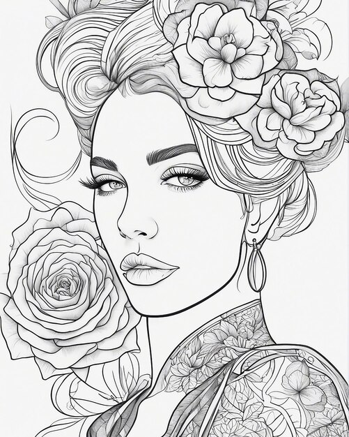 Foto bela mulher com tatuagens estilo de livro de colorir ilustração romântica escura preto e branco
