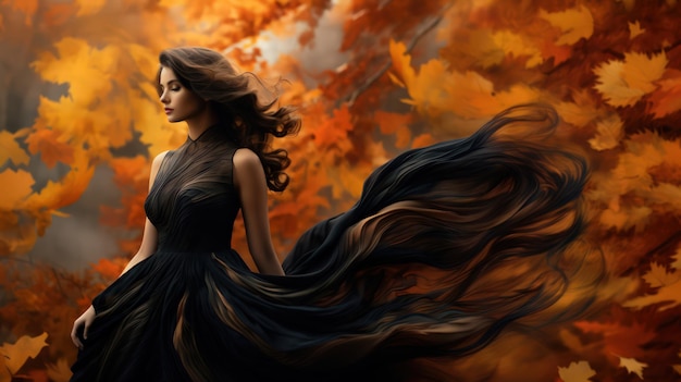 Bela mulher com um longo vestido de baile no parque de outono Bandeira longa paletas de cores pretas e douradas