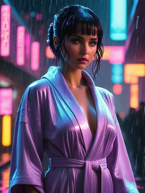 Bela mulher com uma túnica roxa de pé no meio da chuva de uma cidade cyberpunk