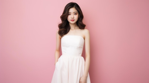 Bela mulher coreana em um vestido branco está em frente a um fundo rosa
