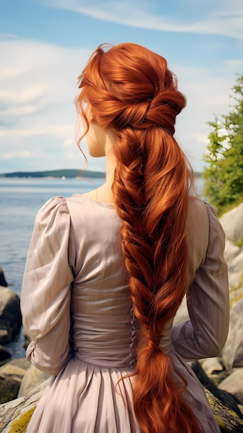 Bela mulher de cabelo vermelho com um penteado casual de trança torcida