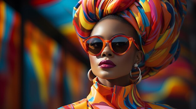 bela mulher de moda afro-americana em óculos de sol e turbante com lenço colorido na cabeça contra fundo amarelo