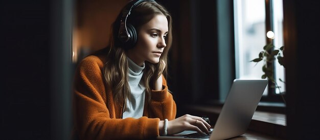 bela mulher de negócios sentada dentro de casa no escritório usando computador portátil ouvindo música com peso