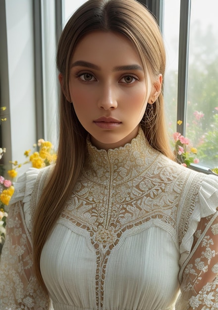 Bela mulher de vestido branco na praia com o pôr-do-sol na primavera AI generativa