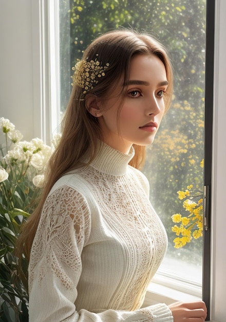 Bela mulher de vestido branco na praia com o pôr-do-sol na primavera AI generativa