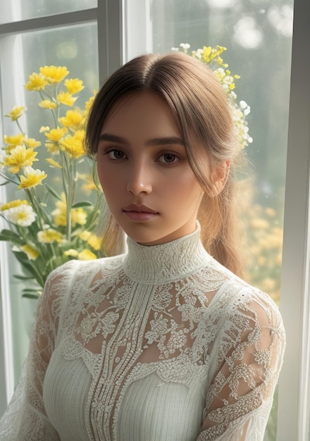 Bela mulher de vestido branco na praia com o pôr-do-sol na primavera AI generativa