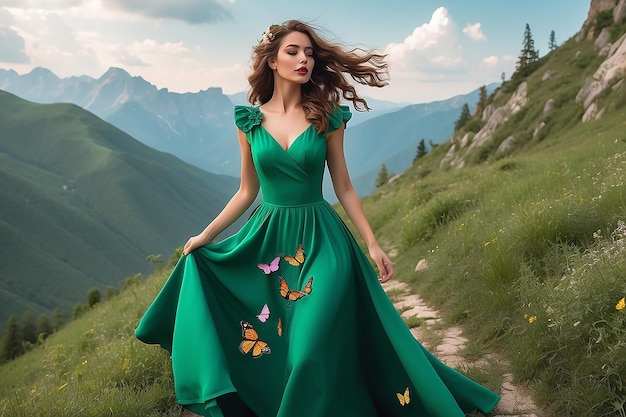 Bela mulher de vestido verde a perseguir borboletas numa montanha.