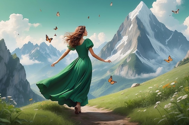 Bela mulher de vestido verde a perseguir borboletas numa montanha.
