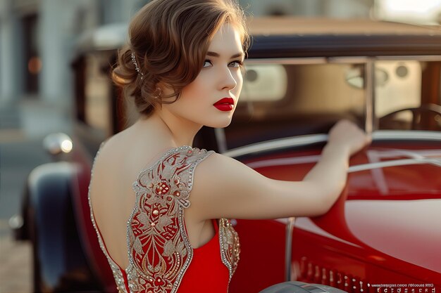 Foto bela mulher de vestido vermelho de pé lá fora