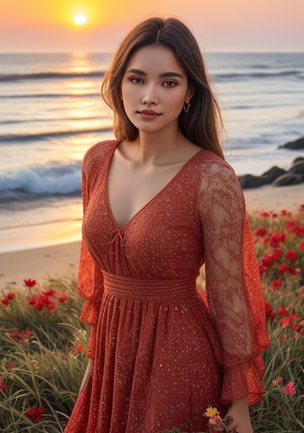 Bela mulher de vestido vermelho na praia com o pôr-do-sol IA generativa