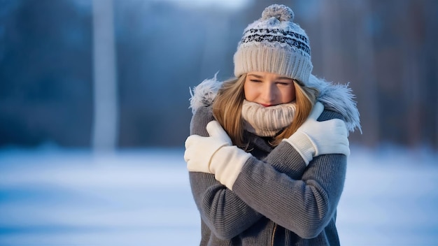 Bela mulher europeia abraça seu próprio corpo tenta aquecer-se treme do frio tem caminhar durante