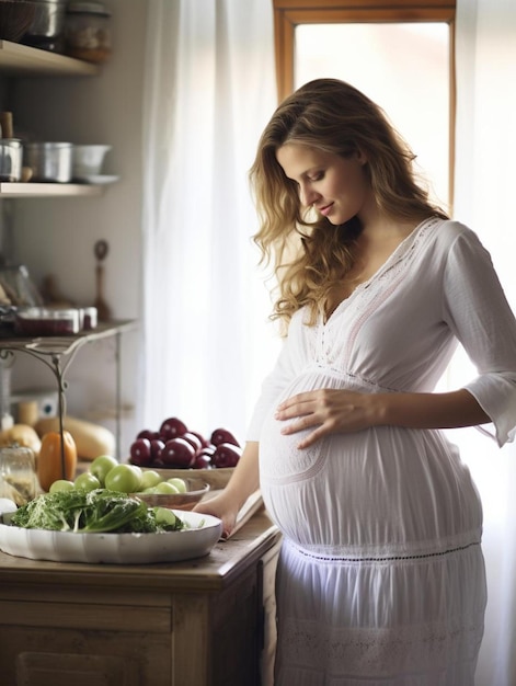 bela mulher grávida preparando comida deliciosa mulher sorridente cozinhando em casa