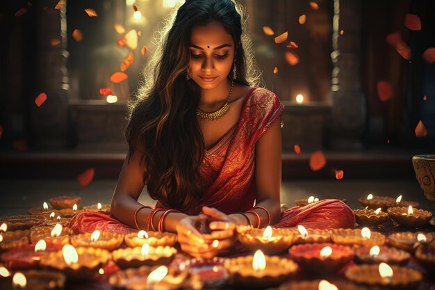 Bela mulher hindu indiana acendendo velas no festival de Diwali Generative Ai