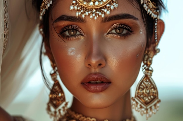 Bela mulher indiana asiática com estrutura facial perfeita usando brincos e acessórios