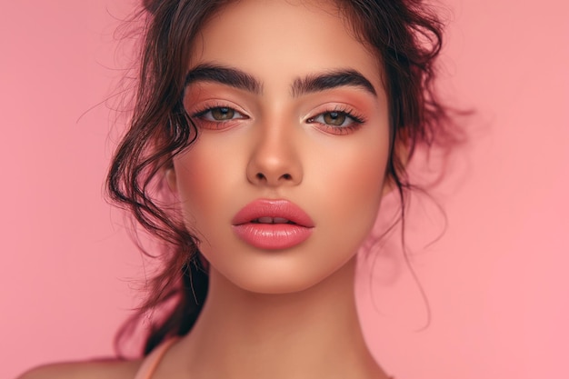 Bela mulher indiana com lábios cor-de-rosa e sombra de olhos em fundo rosa