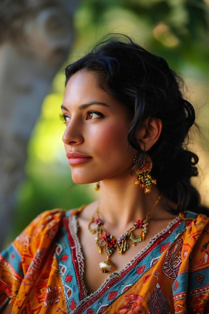 Bela mulher indiana em roupas tradicionais indianas posando ao ar livre